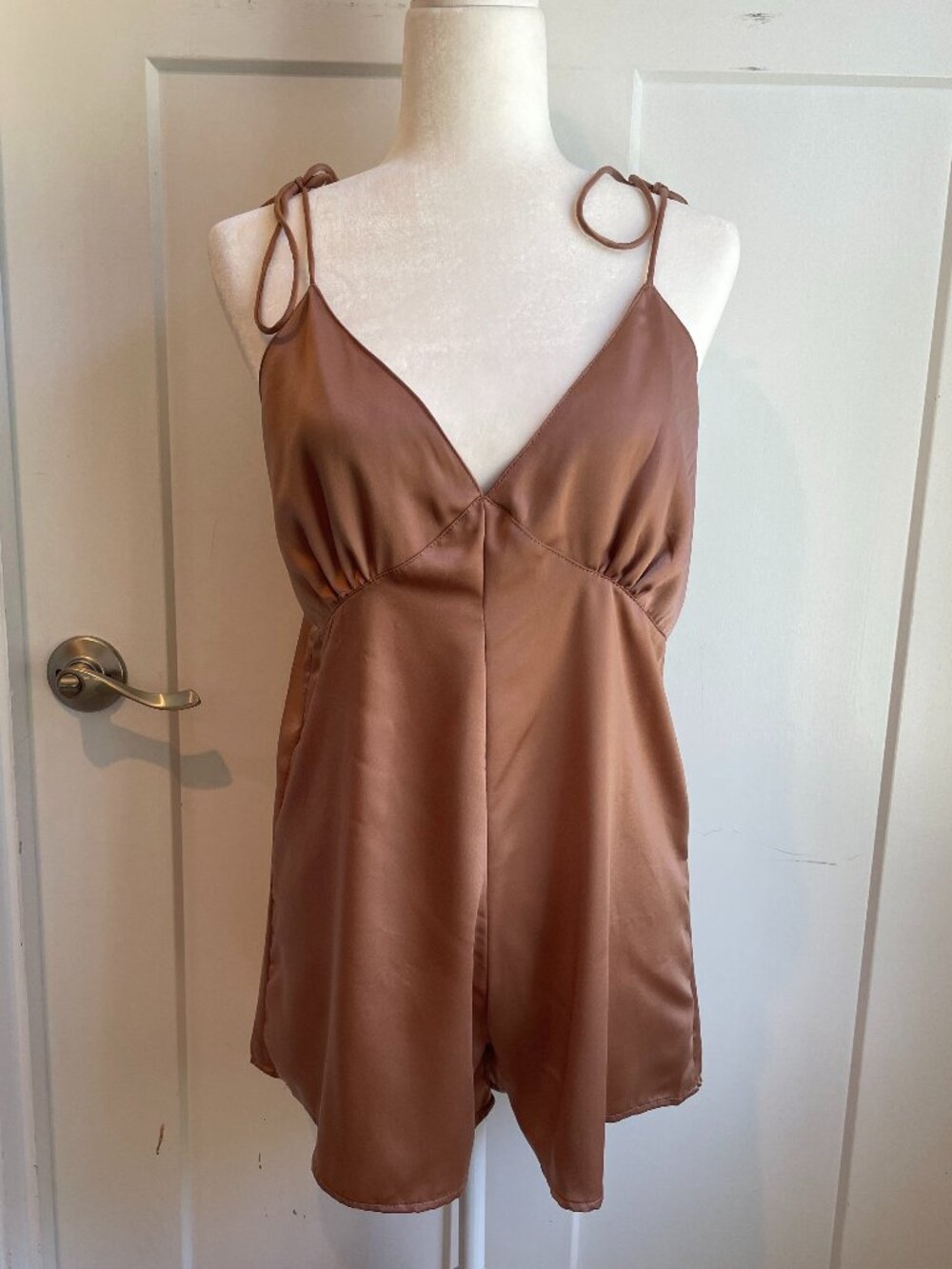 Motel Rocks Satin Tie Shoulder Romper Boudoir M Taupe Brown Silky Coquette
